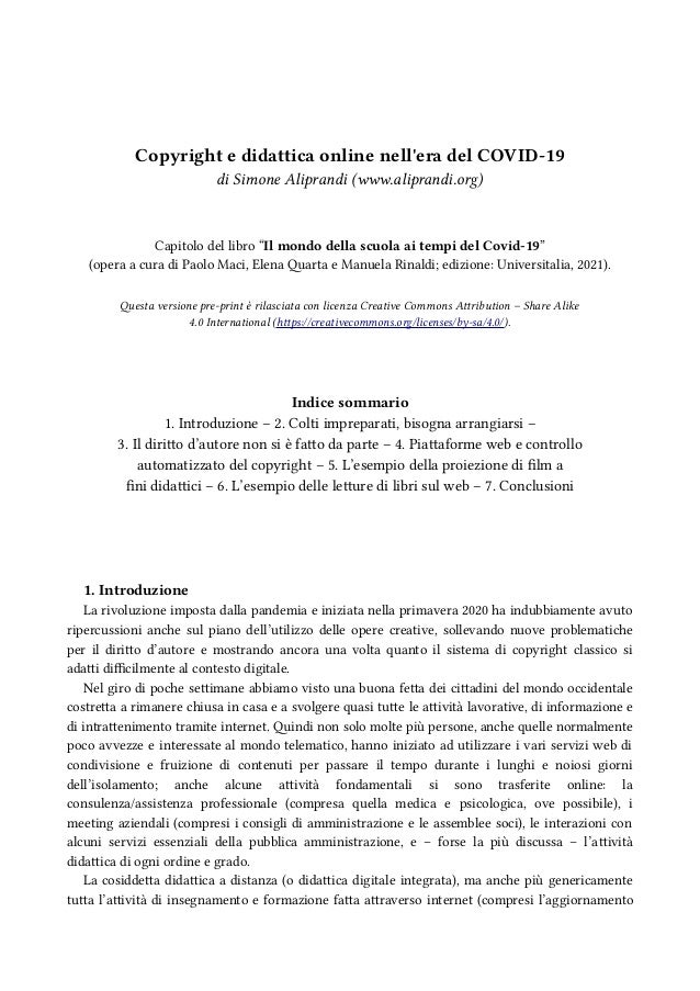 S. Aliprandi (2021), Copyright e didattica online nell'era del COVID-19 Pag. 1/6
Copyright e didattica online nell'era del...