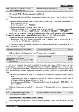 CONTABILITATE
RFPC nr. 2/2016 9
6811 Cheltuieli de exploatare privind
amortizarea imobilizărilor
= 2812 Amortizarea construcţiilor 3.250
Decembrie N+3 – A doua reevaluare a Halei A
Valoarea justă determinată de un evaluator independent pentru Hala A este de 876.400
lei.
 Amortizarea cumulată a Halei A în perioada ianuarie N+2 – decembrie N+3 inclusiv (24
luni) este de 78.000 lei:
3.250 lei/lună x 24 luni = 78.000 lei.
 Determinarea valorii contabile nete a Halei A:
Valoare contabilă netă = Valoare justă la decembrie N+1 - Amortizare cumulată =
1.095.250 lei - (24 luni x 3.000 lei/lună) = 1.095.250 lei - 78.000 lei = 1.017.250 lei.
După cum se observă, valoarea justă este mai mică decât valoarea netă contabilă,
deci rezultă o descreştere a valorii Halei A care trebuie înregistrată în contabilitate.
 Determinarea deprecierii Halei A rezultată în urma reevaluării:
Depreciere Hala A = Valoare contabilă netă - Valoare justă la decembrie N+3 =
1.017.250 lei - 876.400 lei = 140.850 lei.
f) Eliminarea valorii amortizării înregistrate în perioada ianuarie N+2 – decembrie N+3 (in-
clusiv) din valoarea Halei A:
2812 Amortizarea construcţiilor/Hala A = 212 Construcţii/Hala A 78.000
g) Evidenţierea valorii deprecierii Halei A, ca urmare a reevaluării:
%
105 Rezerve din reevaluare
655 Cheltuieli din reevaluarea imobilizări-
lor corporale
= 212 Construcţii/Hala A 140.850
84.250
56.600
Deoarece valoarea deprecierii înregistrate la a doua reevaluare a Halei A este mai mare
decât valoarea existentă în contul 105 “Rezerve din reevaluare” (84.250 lei), se înregistrează o
cheltuială pe seama contului 655 “Cheltuieli din reevaluarea imobilizărilor corporale” pentru dife-
renţa dintre valoarea totală a deprecierii şi valoarea existentă în contul 105 “Rezerve din reeva-
luare”.
 Recalcularea amortizării care se va înregistra în contabilitate începând cu luna ianuarie
N+4:
Valoarea justă a Halei A este de 876.400 lei, iar durata de viaţă utilă rămasă este de
313 luni (= 30 ani x 12 luni - 23 luni - 24 luni).
Amortizarea lunară Hală A = Valoarea justă : Durata de viaţă utilă = 876.400 lei : 313
luni = 2.800 lei.
h) Lunar, în perioada ianuarie N+4 – decembrie N+5 inclusiv (24 luni) se efectuează înre-
gistrarea:
6811 Cheltuieli de exploatare privind
amortizarea imobilizărilor
= 2812 Amortizarea construcţiilor/Hala A 2.800
Decembrie N+5 – A treia reevaluare a Halei A
Valoarea justă determinată de un evaluator independent pentru Hala A este de 895.900
lei.
 