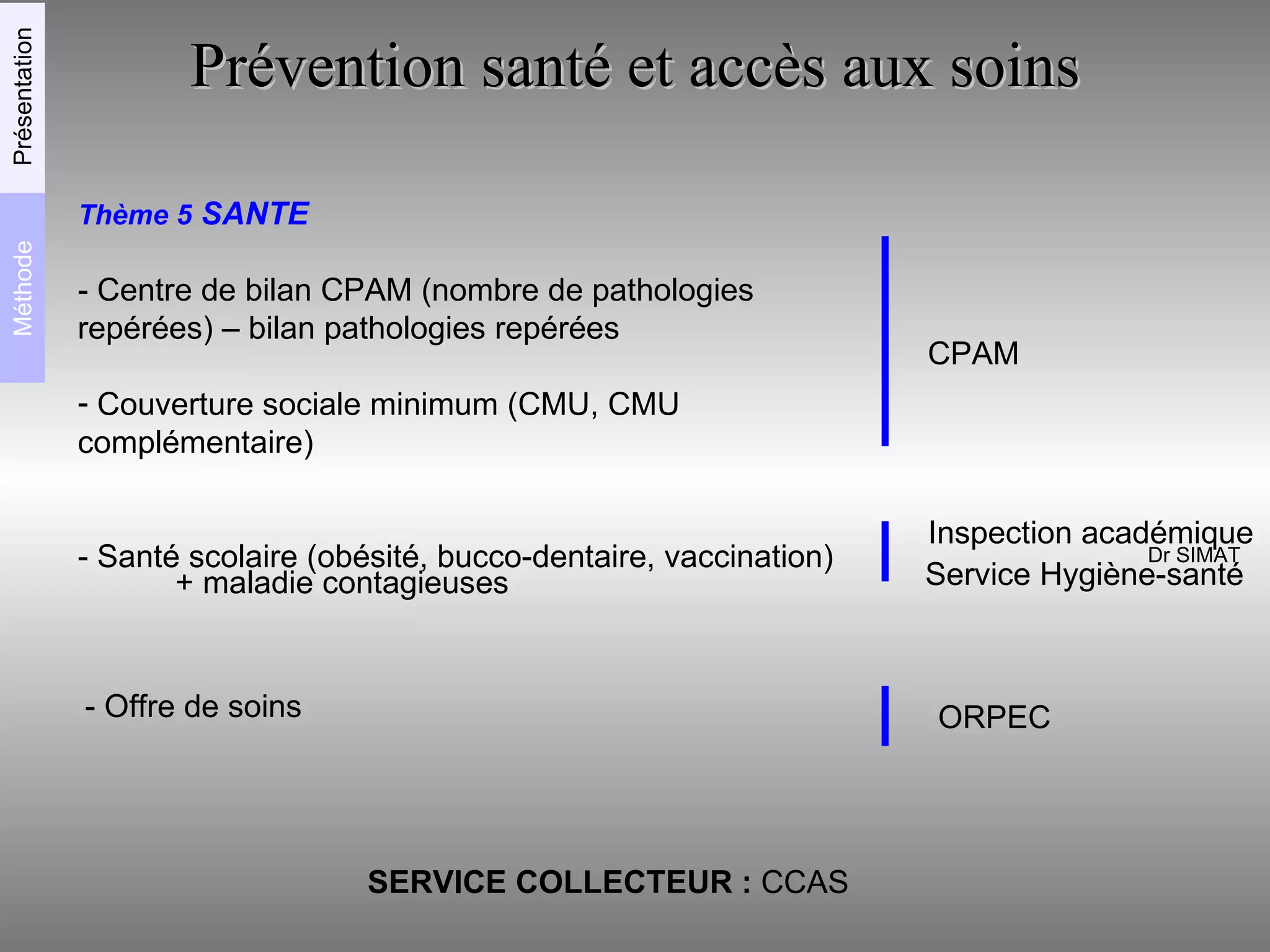 Thème 5   SANTE - Centre de bilan CPAM (nombre de pathologies repérées) – bilan pathologies repérées Couverture sociale minimum (CMU, CMU complémentaire) - Santé scolaire (obésité, bucco-dentaire, vaccination) SERVICE COLLECTEUR :  CCAS CPAM Inspection académique Prévention santé et accès aux soins Service Hygiène-santé + maladie contagieuses Dr SIMAT - Offre de soins ORPEC Méthode Présentation 