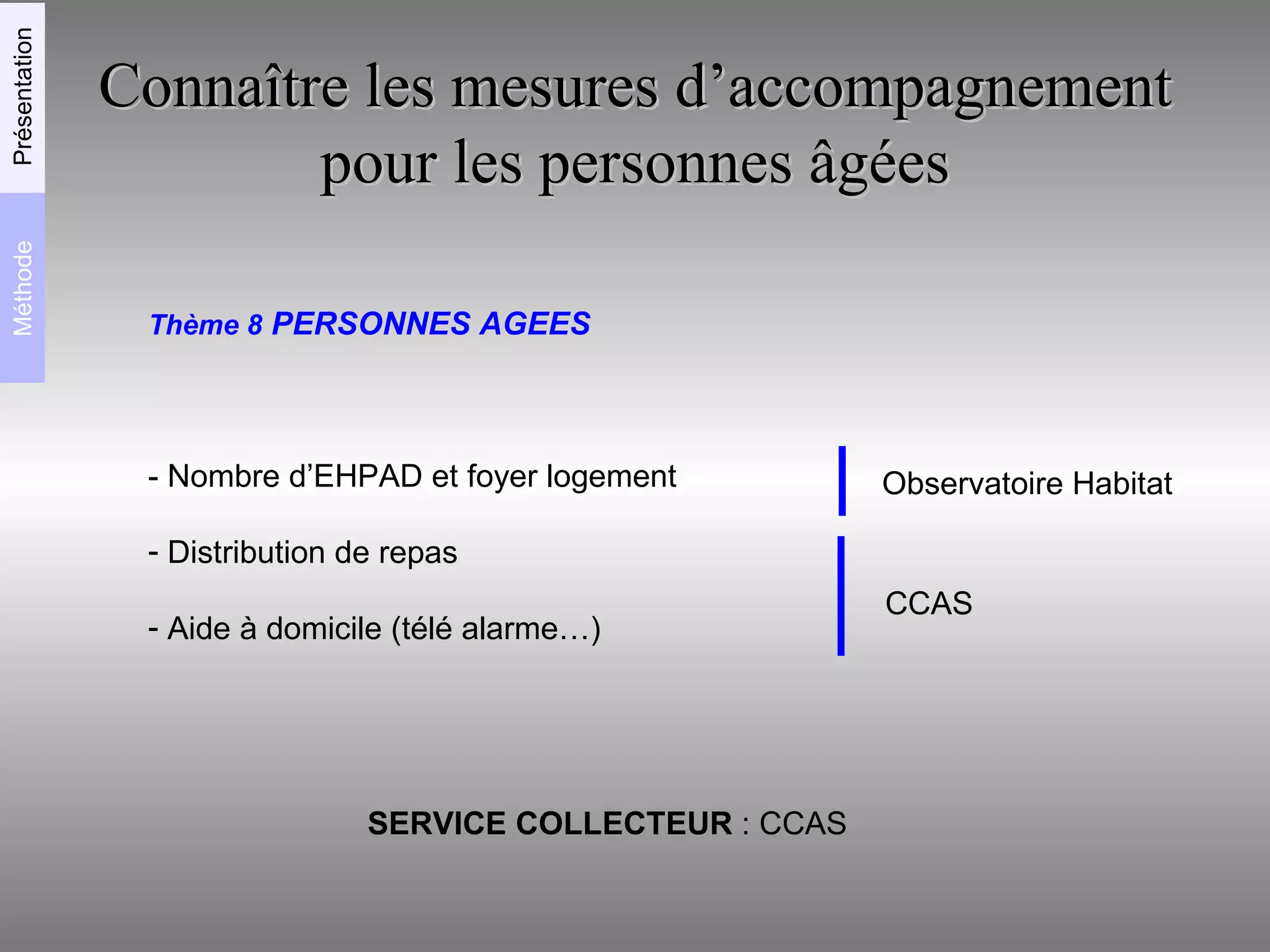Thème 8   PERSONNES AGEES - Nombre d’EHPAD et foyer logement Distribution de repas Aide à domicile (télé alarme…) SERVICE COLLECTEUR  : CCAS Connaître les mesures d’accompagnement pour les personnes âgées Observatoire Habitat CCAS Méthode Présentation 