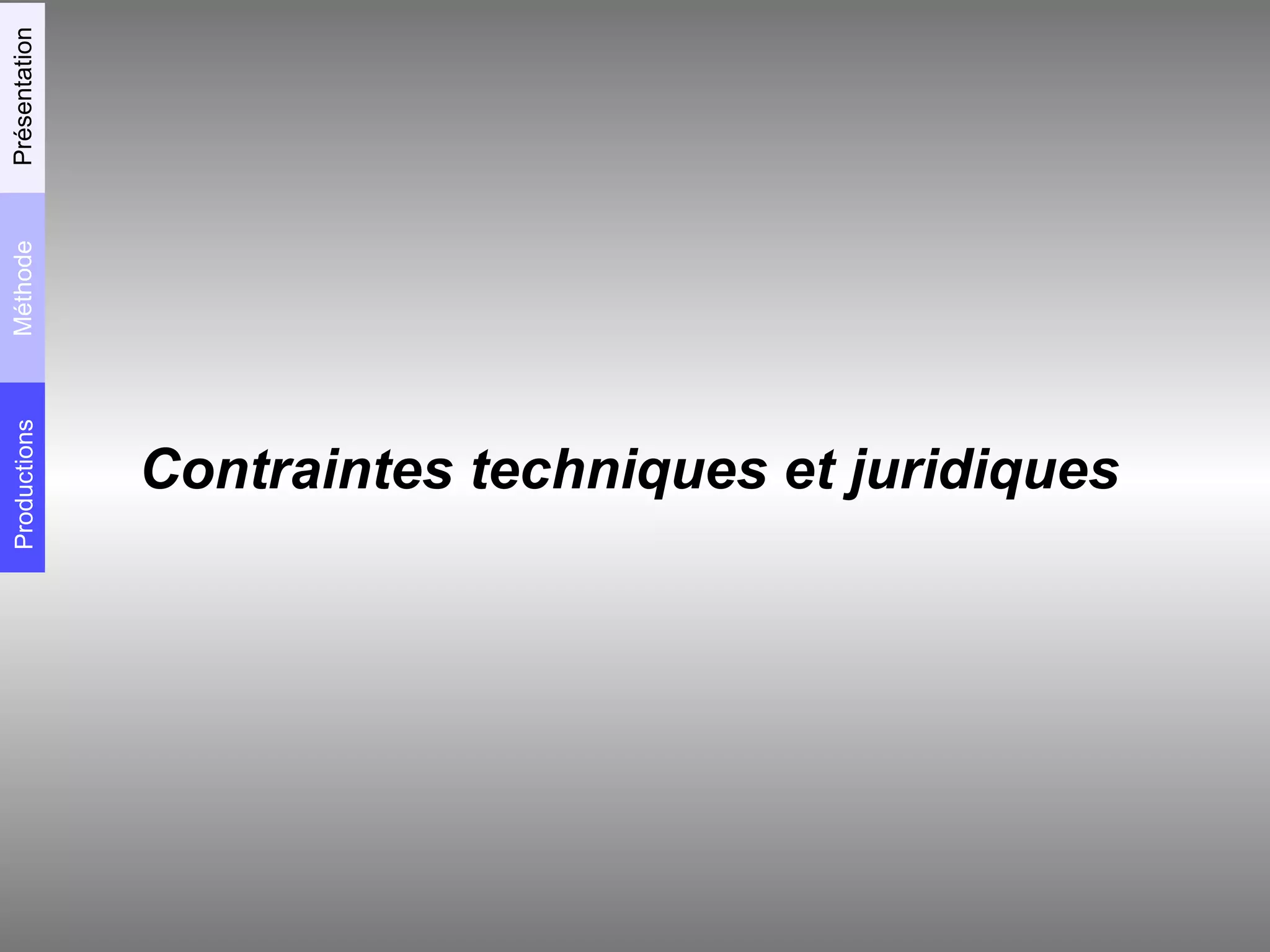 Contraintes techniques et juridiques Productions Méthode Présentation 