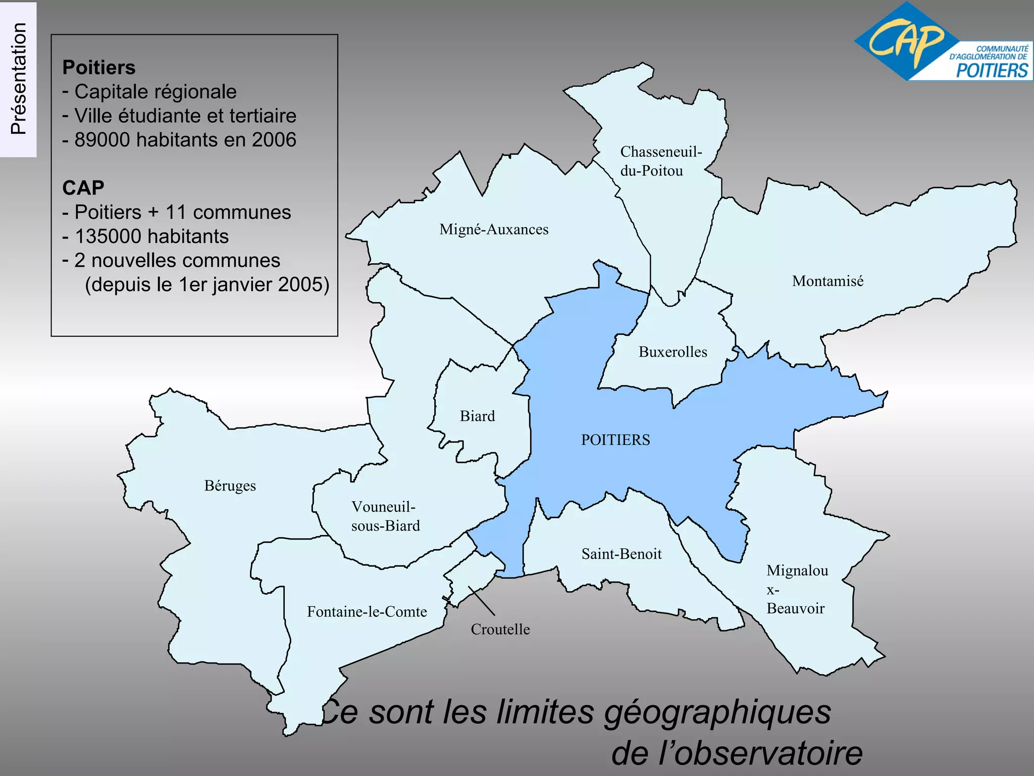 Poitiers Capitale régionale Ville étudiante et tertiaire - 89000 habitants en 2006 CAP - Poitiers + 11 communes - 135000 habitants 2 nouvelles communes  (depuis le 1er janvier 2005) Ce sont les limites géographiques  de l’observatoire Fontaine-le-Comte Vouneuil-sous-Biard Buxerolles Biard Saint-Benoit Mignaloux-Beauvoir POITIERS Béruges Croutelle Montamisé Chasseneuil-du-Poitou Migné-Auxances Présentation 