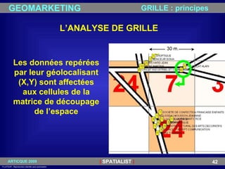 L’ANALYSE DE GRILLE Les données repérées par leur géolocalisant (X,Y) sont affectées aux cellules de la matrice de découpage de l’espace GRILLE : principes 
