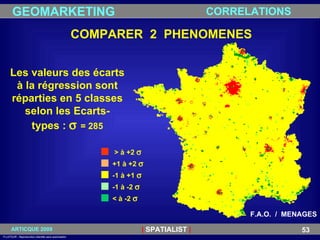 COMPARER  2  PHENOMENES Les valeurs des écarts à la régression sont réparties en 5 classes selon les Ecarts-types :     = 285 > à +2   +1 à +2   -1 à +1   -1 à -2   < à -2   F.A.O.  /  MENAGES CORRELATIONS 