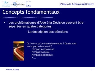 Concepts fondamentaux Vincent T’kindt Les problématiques d’Aide à la Décision peuvent être séparées en quatre catégories, La description des décisions Qu’est-ce qu’un tracé d’autoroute ? Quels sont les impacts d’un tracé ? Impact économique, Impact sociétal, Impact écologique, … 