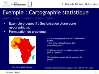 Exemple : Cartographie statistique Vincent T’kindt Exemple prospectif : Sectorisation d’une zone géographique, Formulation du problème, Une zone géographique Une zone géographique est composée de parties, Une partie j est définie par des caractéristiques C i j Problème :  trouver la meilleure sectorisation pour le Décideur. Sectorisation :  ensemble de  groupes de parties. Avec l’aimable autorisation d’Articques pour l’utilisation des cartes. 