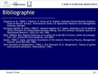 Bibliographie Vincent T’kindt [Figueira et al., 2005] J. Figueira, S. Greco et M. Erghott. Multiple Criteria Decision Analysis: State-of-the-art surveys, International Series on Operations Research and Management Sciences, Springer. [Jacquet-Lagrèze et Siskos, 1982] E. Jacquet-Lagrèze et Y. Siskos. Assessing a set of additive utility functions for multicriteria decision making: the UTA method. European Journal of Operational Research, 10(2):151-164, 1982. [Roy, 2006] B. Roy. Regard historique sur la place de la RO-AD en France, Cahier du Lamsade, num. 237, Université Paris-Dauphine, mai 2006. [Saaty, 1986] T. Saaty. Axiomatic foundation of the Analytic Hierarchy Process, Management Science, 32(7):841-855, 1986. [Von Neumann et Morgenstern, 1954] J. Von Neumann et O. Morgenstern. Theory of games and economic behaviour, Wiley Edition, 1954. 