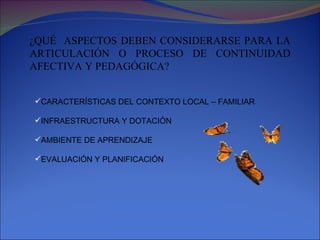 ¿QUÉ  ASPECTOS DEBEN CONSIDERARSE PARA LA ARTICULACIÓN O PROCESO DE CONTINUIDAD AFECTIVA Y PEDAGÓGICA? CARACTERÍSTICAS DEL CONTEXTO LOCAL – FAMILIAR INFRAESTRUCTURA Y DOTACIÓN AMBIENTE DE APRENDIZAJE EVALUACIÓN Y PLANIFICACIÓN 