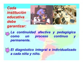 Cada
institución
educativa
debe
garantizar:
La continuidad afectiva y pedagógica
como
un
proceso
continuo
y
permanente.
permanente.
El diagnóstico integral e individualizado
a cada niña y niño.
niño.

 