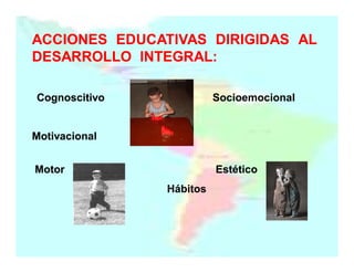 ACCIONES EDUCATIVAS DIRIGIDAS AL
DESARROLLO INTEGRAL:
INTEGRAL:
Cognoscitivo

Socioemocional

Motivacional
Motor

Estético
Hábitos

 