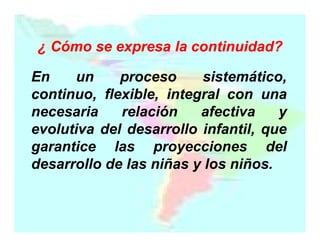 ¿ Cómo se expresa la continuidad?
En
un
proceso
sistemático,
continuo, flexible, integral con una
necesaria
relación
afectiva
y
evolutiva del desarrollo infantil, que
garantice las proyecciones del
desarrollo de las niñas y los niños.

 
