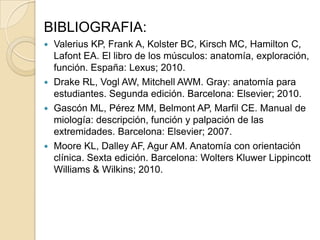BIBLIOGRAFIA:
 Valerius KP, Frank A, Kolster BC, Kirsch MC, Hamilton C,
  Lafont EA. El libro de los músculos: anatomía, ...