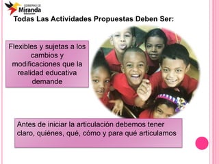 Flexibles y sujetas a los
cambios y
modificaciones que la
realidad educativa
demande
Antes de iniciar la articulación debemos tener
claro, quiénes, qué, cómo y para qué articulamos
Todas Las Actividades Propuestas Deben Ser:
 
