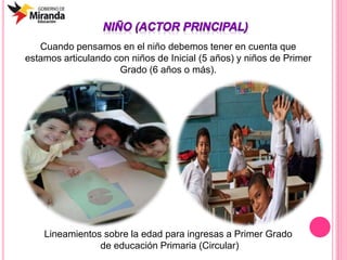 Cuando pensamos en el niño debemos tener en cuenta que
estamos articulando con niños de Inicial (5 años) y niños de Primer
Grado (6 años o más).
Lineamientos sobre la edad para ingresas a Primer Grado
de educación Primaria (Circular)
 