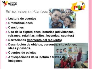 ESTRATEGIAS DIDÁCTICAS:
 Lectura de cuentos
 Dramatizaciones
 Canciones
 Uso de la expresiones literarias (adivinanzas,
refranes, retahílas, mitos, leyendas, cuentos)
 Narraciones (momento del recuento)
 Descripción de objetos, personas, situaciones,
ideas y deseos.
 Cuentos de paletas
 Anticipaciones de la lectura a través de
imágenes
 