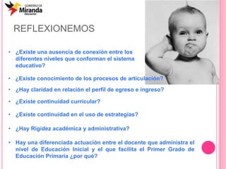 REFLEXIONEMOS
• ¿Existe una ausencia de conexión entre los
diferentes niveles que conforman el sistema
educativo?
• ¿Existe conocimiento de los procesos de articulación?
• ¿Hay claridad en relación el perfil de egreso e ingreso?
• ¿Existe continuidad curricular?
• ¿Existe continuidad en el uso de estrategias?
• ¿Hay Rigidez académica y administrativa?
• Hay una diferenciada actuación entre el docente que administra el
nivel de Educación Inicial y el que facilita el Primer Grado de
Educación Primaria ¿por qué?
 