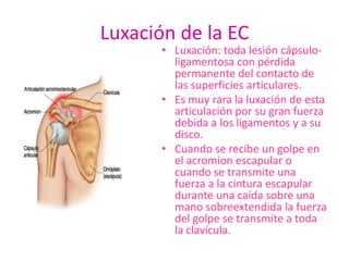 Luxación de la EC
       • Luxación: toda lesión cápsulo-
         ligamentosa con pérdida
         permanente del contacto de
         las superficies articulares.
       • Es muy rara la luxación de esta
         articulación por su gran fuerza
         debida a los ligamentos y a su
         disco.
       • Cuando se recibe un golpe en
         el acromion escapular o
         cuando se transmite una
         fuerza a la cintura escapular
         durante una caída sobre una
         mano sobreextendida la fuerza
         del golpe se transmite a toda
         la clavícula.
 