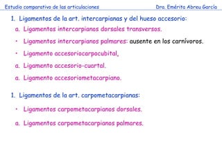 Estudio comparativo de las articulaciones Dra. Emérita Abreu García Ligamentos de la art. intercarpianas y del hueso accesorio: Ligamentos intercarpianos dorsales transversos.  Ligamentos intercarpianos palmares:  ausente en los carnívoros. Ligamento accesoriocarpocubital .   Ligamento accesorio-cuartal. Ligamento accesoriometacarpiano. Ligamentos de la art. carpometacarpianas: Ligamentos carpometacarpianos dorsales.   Ligamentos carpometacarpianos palmares. 
