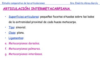 Estudio comparativo de las articulaciones Dra. Emérita Abreu García ARTICULACIÓN INTERMETACARPIANA  Superficies articulares :  pequeñas facetas situadas sobre las lados de la extremidad proximal de cada hueso metacarpo. Tipo :  sinovial. Clase :  plana.   Ligamentos : Metacarpianos dorsales. Metacarpianos palmares. Metacarpianos interóseos. 