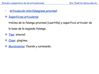 Estudio comparativo de las articulaciones Dra. Emérita Abreu García Articulación interfalangiana proximal :  Superficies articulares : tróclea de la falange proximal (cuartilla) y superficie articular de la base de la segunda falange. Tipo :  sinovial. Clase :  gínglimo. Movimientos :  flexión y extensión. 