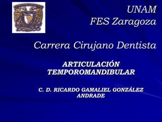 UNAM
FES Zaragoza
Carrera Cirujano Dentista
ARTICULACIÓN
TEMPOROMANDIBULAR
C. D. RICARDO GAMALIEL GONZÁLEZ
ANDRADE
 