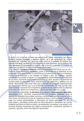 ARTICULACIONrgb.qxd     1/4/2003      18:38     Page 11



          C U A D E R N I L L O S   P A R A   L A   R E F L E X I Ó N   P E D A G Ó G I C A   T E M A S   R E L E V A N T E S




          el Jardín o en la Escuela, el hacer una secuencia de relatos, intercalados con dibujos,
          símbolos, láminas recortadas y palabras escritas, va a dar oportunidad de muchas
          actividades de motricidad fina, pero que deben estar en el contexto de propiciar una
          autonomía de ideas, de resolución de problemas, de crear soluciones. No se pretende una
          mera ejercitación de movimientos por si solos, sino en función a una idea, un proyecto, un
          interés que los niños en forma individual o colectiva planteen.
          En la categoría: Iniciativa y confianza, todos los aprendizajes que tienen que ver con
          Proponer ideas, actividades, estrategias, unidos al perseverar en la realización de sus
          actividades, entre otros, facilitan la autonomía en sus dimensiones afectiva e intelectual,
          movilizando lo sicomotor y sus energías en función a ello. Sin embargo, aquellos
          aprendizajes que tienden a regular su comportamiento, responsabilizarse gradualmente
          de sus actos, asumiendo compromisos y acuerdos con otros, apuntan a la dimensión de
          hacerse cargo de desarrollar mayor autonomía en sus relaciones y deberes con los
          demás. Nuevamente, cabe hacer notar que no se trata de un regular comportamientos
          por imposiciones externas que no se entienden o comprenden. Se trata, que los niños
          vayan tomando conciencia de la importancia y sentido de las normas entre las personas
          en un marco de valores que compartimos, y del rol que tiene cada uno, en ello.
          En el núcleo de aprendizajes de Identidad, en la categoría: Reconocerse y apreciarse,
          aprendizajes como: reconocer progresivamente sus principales fortalezas, unido al
          apreciar los resultados de sus ideas, acciones y compromisos, apuntan a que las niñas y
          niños tomen conciencia de lo que son capaces de hacer, si se lo proponen y ponen en
          juego sus muchas potencialidades, y seleccionan las formas adecuadas. Por ello, el
          hacer juegos y actividades donde todos los niños descubran e identifiquen las muchas
          fortalezas que tienen en todos los planos, las representen, las apliquen y las evalúen, irán
          formando actitudes importantes que desde la autoconfianza y autoestima, aportarán al
          aprender a aprender, entre otros aspectos relacionados.


                                                                                                                                11
 