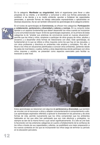 ARTICULACIONrgb.qxd    1/4/2003         18:38   Page 12



              A R T I C U L A C I O N




              En la categoría: Manifestar su singularidad, tanto el organizarse para llevar a cabo
              proyectos de su interés, y el identificar y comunicar a otros sus formas personales de
              contribuir a los demás y a su medio ambiente, apuntan a fortalecer las capacidades
              personales, a aprender formas de trabajo adecuadas expresándolas o aplicándolas en
              diversas situaciones. Así se van también reforzando los aprendizajes de la categoría anterior.

              En el núcleo de aprendizajes de Convivencia, se ofrecen tres categorías: Participación
              y colaboración, pertenencia y diversidad y valores y normas. En su conjunto todas
              aportan a un aspecto fundamental que deben desarrollar los niños cuando se incorporan
              a una comunidad escolar mayor. Entre los aprendizajes esperados, en la primera de estas
              categorías la de “ampliar sus prácticas de convivencia social en nuevas situaciones”,
              permite que las niñas y niños, empiecen a participar de otros grupos de niños, adultos y
              ancianos y a desarrollar otras formas de relacionarse con ellas. Este aprendizaje, es
              fundamental en lo que se refiere a niños mayores como los que hay en las escuelas, y
              con otros profesores y directivos en ambientes más amplios y complejos. Por ello, el
              llevar a los niños en situaciones planificadas a conocer otros ambientes, partiendo desde
              las salas de nivel básico, a patios, baños y otras dependencias donde participan con otros
              niños mayores y adultos, se presentan como aspectos esenciales para facilitar su
              transición a este nivel.




              Estos aprendizajes se relacionan con algunos de pertenencia y diversidad, que también
              se vinculan con el reconocer a otros y adaptar conscientemente el comportamiento a ello.
              Los aprendizajes esperados referidos a apreciar la diversidad en las personas y de otras
              formas de vida, permite nuevamente que los niños comprendan que los ambientes
              habituales en los que ellos han participado que son más afectivos y protegidos, no
              siempre se dan de la misma forma o que varían significativamente. Si a ello se une todo
              lo favorecido con las anteriores categorías en cuanto a fortalecimiento de la confianza de
              los niños a través de sus capacidades y afectos, se posibilitará una mejor preparación a
              los nuevos contextos en los que se incorporarán los niños luego de terminar su período
              en la educación parvularia.


   12
 