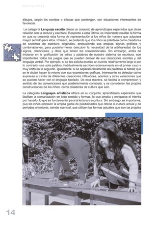 ARTICULACIONrgb.qxd     1/4/2003         18:38   Page 14



               A R T I C U L A C I O N




               dibujos, según los sonidos o sílabas que contengan, son situaciones interesantes de
               favorecer.

                La categoría Lenguaje escrito ofrece un conjunto de aprendizajes esperados que dicen
               relación con la lectura y escritura. Respecto a esta última, es importante resaltar la forma
               en que se presenta esta forma de representación a los niños de manera que adquiera
               mayor sentido para ellos. Primero, se pretende que los niños se planteen como creadores
               de sistemas de escritura originales, produciendo sus propios signos gráficos y
               combinaciones, para posteriormente descubrir la necesidad de la arbitrariedad de los
               signos, direcciones, y otros que tienen los convencionales. Sin embargo, antes de
               iniciarse en la graficación de letras y palabras de nuestro sistema de escritura, son
               importantes todos los juegos que se pueden derivar de sus creaciones escritas y del
               lenguaje verbal. Por ejemplo, si se les solicita escribir un cuento relativamente largo o por
               lo contrario, una sola palabra, habitualmente escriben extensamente en el primer caso y
               muy corto en el segundo. Igualmente, si se separan claramente las palabras al hablar que
               se le dictan hacen lo mismo con sus expresiones gráficas. Interesante es detectar cómo
               expresan a través de diferentes creaciones inflexiones, acentos y otras variaciones que
               se pueden hacer con el lenguaje hablado. De esta manera, se facilita la comprensión y
               sentido de las convenciones que posteriormente conocerá, y se consideran las propias
               construcciones de los niños, como creadores de cultura que son.

               La categoría Lenguajes artísticos ofrece en su conjunto, aprendizajes esperados que
               facilitan la comunicación en todo sentido y formas, lo que amplía y enriquece el interés
               por hacerlo, lo que es fundamental para la lectura y escritura. Sin embargo, es importante,
               que los niños empleen la amplia gama de posibilidades que ofrece la cultura actual y de
               períodos anteriores, siendo esencial, que utilicen las formas actuales que son las propias




   14
 