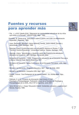 ARTICULACIONrgb.qxd     1/4/2003      18:39     Page 17



          C U A D E R N I L L O S   P A R A   L A   R E F L E X I Ó N   P E D A G Ó G I C A   T E M A S   R E L E V A N T E S




          Fuentes y recursos
          para aprender más
          • Filp., J. y A.M. Cabello.(Edit.) “Mejorando las oportunidades educativas de los niños
            que entran a la Escuela”. UNICEF/CIDE, Stgo., 1992.

           González, M. Teresa et al. “Articulación entre el Jardín y la E.G.B. La alfabetización
            expandida”. Argentina, 1995.

          • Icaza, Bernardita; Mayorga, Liliana (editoras) Familia. Jardín Infantil, Escuela y
            Aprendizaje, CIDE; Santiago, 1994.

          • Mayorga; Liliana; Condiciones para una articulación efectiva en Álvarez, F et al;
            “Familia y Centros Educativos”, Universidad Católica, Teleduc, Santiago, 1995.

          • Mayorga, Liliana. “Aprendizajes y desafíos a partir del Programa de articulación”.
            Ministerio de Educación, UEP, Santiago, Noviembre 2002.

          • Ministerio de Educación – CIDE; “Programa de articulación de la Educación Parvularia
            y Básica. Informe Final, Agosto-Diciembre 1997.

          • Ministerio de Educación “Bases Curriculares de la Educación Parvularia”. UCE, Stgo.,
            2001.

          • Ministerio de Educación. “Programa Educativo, NB1”. Stgo. de Chile. 2003

          • Ministerio de Educación. Campaña LEM, Stgo., 2001.

          • Peralta, Victoria. “Una Pedagogía de las oportunidades”. Ed. Andrés Bello, Stgo.,
            2002.

          • Pettinato, S. et al. “Proyecto de Articulación Nivel Inicial y E.G.B”.
            Psicología y Psicopedagogía. Publicación virtual de la Facultad de Psicología y
            Psicopedagogía de la USAL, Año II Nº 6, Argentina, Junio 2001.

          • Saínz M.Carmen y J. Argos.”Educación Infantil. Contenidos, procesos y experiencias”.
            Narcea, España, 1998.




                                                                                                                                17
 