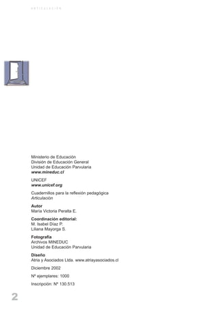 ARTICULACIONrgb.qxd    1/4/2003         18:37   Page 2



              A R T I C U L A C I Ó N




              Ministerio de Educación
              División de Educación General
              Unidad de Educación Parvularia
              www.mineduc.cl
              UNICEF
              www.unicef.org
              Cuadernillos para la reflexión pedagógica
              Articulación
              Autor
              María Victoria Peralta E.
              Coordinación editorial:
              M. Isabel Díaz P.
              Liliana Mayorga S.
              Fotografía
              Archivos MINEDUC
              Unidad de Educación Parvularia
              Diseño
              Atria y Asociados Ltda. www.atriayasociados.cl
              Diciembre 2002
              Nº ejemplares: 1000
              Inscripción: Nº 130.513


     2
 