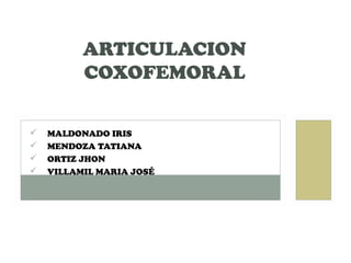 ARTICULACION
COXOFEMORAL





MALDONADO IRIS
MENDOZA TATIANA
ORTIZ JHON
VILLAMIL MARIA JOSÉ

 