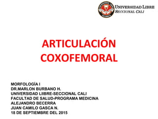 ARTICULACIÓN
COXOFEMORAL
MORFOLOGÍA I
DR.MARLON BURBANO H.
UNIVERSIDAD LIIBRE-SECCIONAL CALI
FACULTAD DE SALUD-PROGRAMA MEDICINA
ALEJANDRO BECERRA
JUAN CAMILO GASCA N.
18 DE SEPTIEMBRE DEL 2015
 