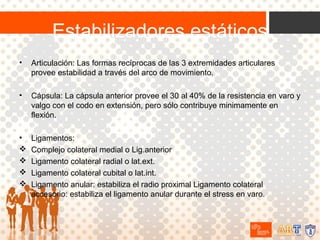 Estabilizadores estáticos
•

Articulación: Las formas recíprocas de las 3 extremidades articulares
provee estabilidad a través del arco de movimiento.

•

Cápsula: La cápsula anterior provee el 30 al 40% de la resistencia en varo y
valgo con el codo en extensión, pero sólo contribuye minimamente en
flexión.

•





Ligamentos:
Complejo colateral medial o Lig.anterior
Ligamento colateral radial o lat.ext.
Ligamento colateral cubital o lat.int.
Ligamento anular: estabiliza el radio proximal Ligamento colateral
accesorio: estabiliza el ligamento anular durante el stress en varo.

 