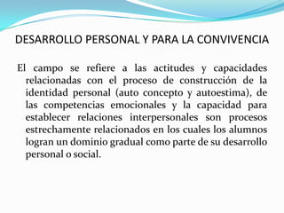 DESARROLLO PERSONAL Y PARA LA CONVIVENCIA

El campo se refiere a las actitudes y capacidades
  relacionadas con el proceso de construcción de la
  identidad personal (auto concepto y autoestima), de
  las competencias emocionales y la capacidad para
  establecer relaciones interpersonales son procesos
  estrechamente relacionados en los cuales los alumnos
  logran un dominio gradual como parte de su desarrollo
  personal o social.
 