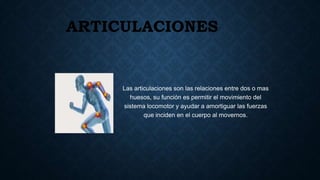 ARTICULACIONES
Las articulaciones son las relaciones entre dos o mas
huesos, su función es permitir el movimiento del
sistema locomotor y ayudar a amortiguar las fuerzas
que inciden en el cuerpo al movernos.
 