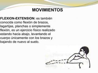 MOVIMIENTOS
FLEXION-EXTENSION: es también
conocida como flexión de brazos,
lagartijas, planchas o simplemente
flexión, es un ejercicio físico realizado
estando hacia abajo, levantando el
cuerpo únicamente con los brazos y
bajando de nuevo al suelo.

 