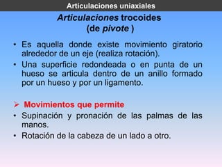 Articulaciones uniaxiales
          Articulaciones trocoides
                 (de pivote )
• Es aquella donde existe movimiento giratorio
  alrededor de un eje (realiza rotación).
• Una superficie redondeada o en punta de un
  hueso se articula dentro de un anillo formado
  por un hueso y por un ligamento.

 Movimientos que permite
• Supinación y pronación de las palmas de las
  manos.
• Rotación de la cabeza de un lado a otro.
 