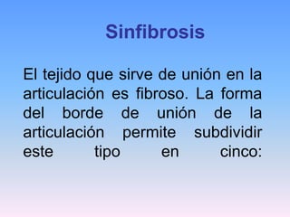 Sinfibrosis

El tejido que sirve de unión en la
articulación es fibroso. La forma
del borde de unión de la
articulación permite subdividir
este       tipo     en      cinco:
 