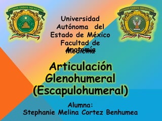 Universidad 
Autónoma del 
Estado de México 
Facultad de 
AMneadtiocminíaa 
Articulación 
Glenohumeral 
(Escapulohumeral) 
Alumna: 
Stephanie Melina Cortez Benhumea 
 