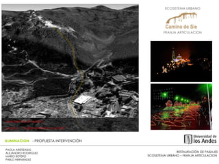 RESTAURACIÓN DE PAISAJES ECOSISTEMA URBANO – FRANJA ARTICULACION  PAOLA ARISTIZABAL  ALEJANDRO RODRIGUEZ  MARIO BOTERO  PABLO HERNÁNDEZ  ILUMINACION  - PROPUESTA INTERVENCIÓN SANTUARIO DE LOS MUISCAS  VICACHÁ  "EL RESPLANDOR DE LA NOCHE".  ECOSISTEMA URBANO  FRANJA ARTICULACION  