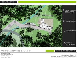 RESTAURACIÓN DE PAISAJES ECOSISTEMA URBANO – FRANJA ARTICULACION  PAOLA ARISTIZABAL  ALEJANDRO RODRIGUEZ  MARIO BOTERO  PABLO HERNÁNDEZ  PROPUESTA INTERVENCIÓN MOLINO  MOLINO DEL  BOQUERON  ESTADO ACTUAL  3_  ACCESO MOLINO  2_   AULA AMBIENTAL  4_  TERRAZA RESTAURANTE  1 4 2 3 1_  PUENTE HOLGUIN  ESCULTURAS  