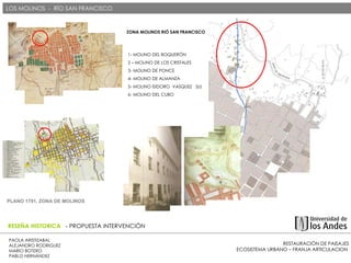 RESTAURACIÓN DE PAISAJES ECOSISTEMA URBANO – FRANJA ARTICULACION  PAOLA ARISTIZABAL  ALEJANDRO RODRIGUEZ  MARIO BOTERO  PABLO HERNÁNDEZ  RESEÑA HISTORICA  - PROPUESTA INTERVENCIÓN LOCALIZACIÓN  - PROPUESTA INTERVENCIÓN PLANO 1791, ZONA DE MOLINOS ZONA MOLINOS RIÓ SAN FRANCISCO  1- MOLINO DEL BOQUERÓN  2 – MOLINO DE LOS CRISTALES  3- MOLINO DE PONCE  4- MOLINO DE ALMANZA  5- MOLINO ISIDORO  VASQUEZ  (b) 6- MOLINO DEL CUBO  LOS MOLINOS  -  RÍO SAN FRANCISCO 
