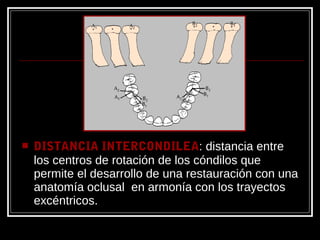  DISTANCIA INTERCONDILEA: distancia entre
los centros de rotación de los cóndilos que
permite el desarrollo de una restauración con una
anatomía oclusal en armonía con los trayectos
excéntricos.
 