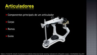 Componentes principais de um articulador
Corpo
Ramos
Guias
Gateno J, Forrest KK, Camp B. A comparison of 3 methods of face-bow transfer recording: implications for orthognathic surgery. J Oral Maxillofac Surg 2001
 