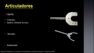 Garfo
Goska JR, Christensen LV. Comparison of cast positions by using four face-bows. J Prosthet Dent 1998
 3 pontos;
 Godiva, Silicone ou cera
• Dentado
• Desdentado
 