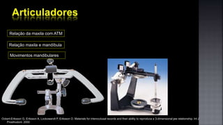 Ockert-Eriksson G, Eriksson A, Lockowandt P, Eriksson O. Materials for interocclusal records and their ability to reproduce a 3-dimensional jaw relationship. Int J
Prosthodont. 2000
Relação da maxila com ATM
Relação maxila e mandíbula
Movimentos mandibulares
 