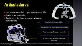 Instrumento mecânico que representa a ATM
Maxila e a mandíbula
Registrar e duplicar alguns movimentos
mandibulare
Ockert-Eriksson G, Eriksson A, Lockowandt P, Eriksson O. Materials for interocclusal records and their ability to reproduce a 3-dimensional jaw relationship. Int J
Prosthodont. 2000
 