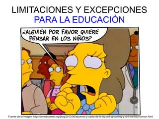 LIMITACIONES Y EXCEPCIONES
PARA LA EDUCACIÓN
Fuente de la imagen: http://derechoaleer.org/blog/2013/06/ascenso-y-caida-de-la-ley-anti-grooming-y-anti-sentido-comun.html
 
