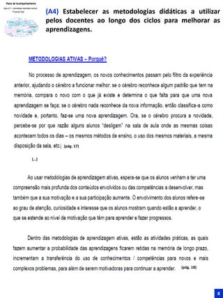 (A4) Estabelecer as metodologias didáticas a utilizar
pelos docentes ao longo dos ciclos para melhorar as
aprendizagens.
(pág. 17)
(…)
(pág. 18)
8
 