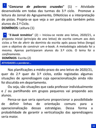 “Concurso de palavras cruzadas” (1) – Atividade
desenvolvida em todas das turmas do 3.º ciclo. Promove a
leitura do Jornal do Agrupamento, DiNotícias e a interpretação
de pistas. Projeta-se que veja a ser participado também pelos
alunos do 2.º Ciclo.
DOMÍNIOS: Leitura (1)
“E-book temático” (2) – Iniciou-se neste ano letivo, 2020/21, a
proposta inicial (princípio do ano letivo) de escrita comum aos dois
ciclos a fim de aferir do domínio da escrita após pausa letiva (longa)
com o objetivo de construir um e-book. A metodologia adotada foi a
mesma. Apenas participaram alunos do 3.º ciclo. O tema foi o
confinamento.
DOMÍNIOS: Escrita (2)
14
*
*
ATIVIDADES a ponderar…
Nas planificações a médio-prazo do ano letivo de 2020/21,
quer do 2.º quer do 3.º ciclos, estão registadas algumas
situações de aprendizagem cuja operacionalização ainda não
foi discutida em departamento.
Ou seja, são situações que cada professor individualmente
e / ou partilhando em grupos pequenos vai propondo aos
alunos.
Pensa-se que seria oportuno proporcionar a possibilidade
de definir linhas de orientação comuns para a
operacionalização dessas estratégias. Dessa forma a
probabilidade de garantir a verticalização das aprendizagens
seria maior.
 